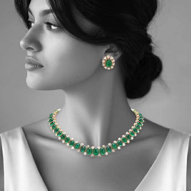 Emerald Cabochon Polki Necklace with Floral Stud